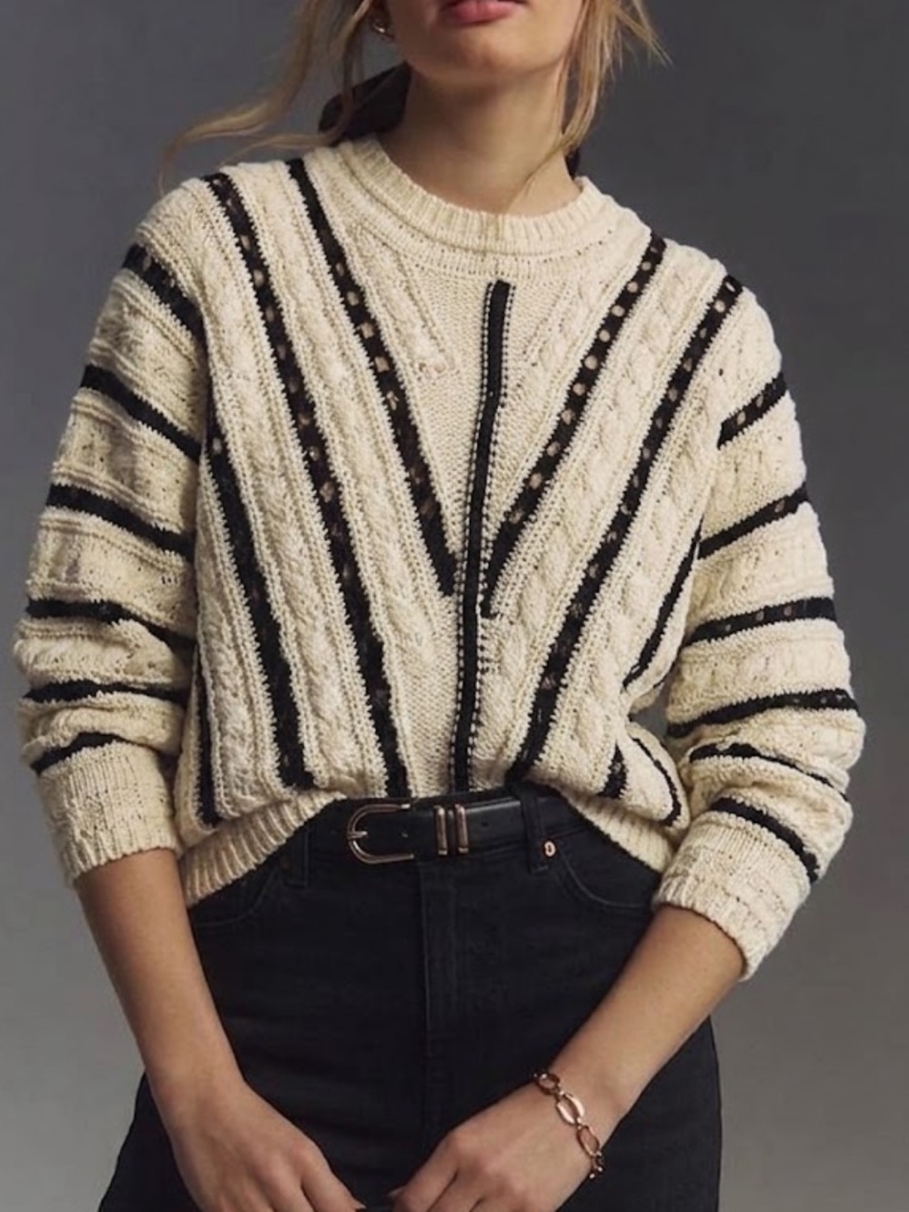 STORIA Sweater Size S Striped Lightweight Open Knit Pullover Bishop Sleeve Boho